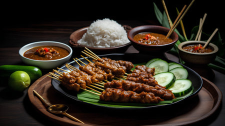 Pork satay, malaysian food, served with riceの素材