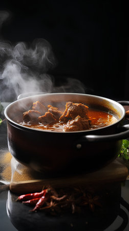 Saucepan with meatballs and spices on a black backgroundの素材