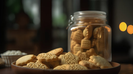 Homemade cookies in a jar on a wooden table in the kitchenの素材