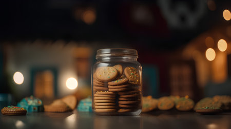 Glass jar with cookies in the shape of a house on a dark background.の素材