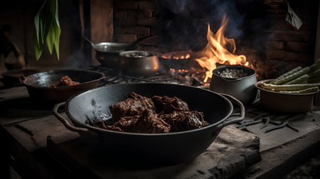 Fried beef in a frying pan on a wooden table in the kitchenの素材