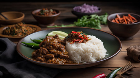 Thai style beef curry with rice and vegetables on wooden table.の素材