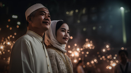 Asian muslim couple wearing traditional clothes during Eid Mubarak celebration at nightの素材