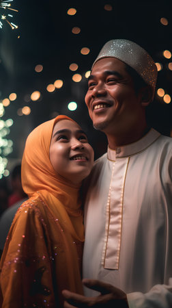 muslim couple wearing traditional clothes during eid mubarak celebrationの素材