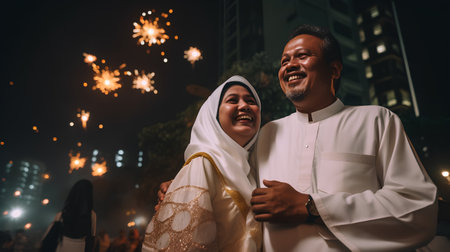 Happy asian muslim couple with fireworks at night in the cityの素材