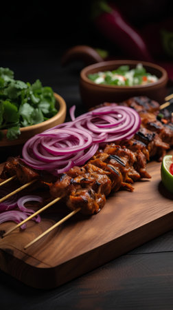 Skewers of pork with onion and cilantro on a wooden boardの素材