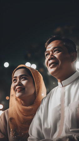 muslim couple celebrating eid mubarak at night in cityの素材