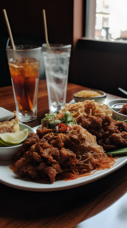 Fried noodle with pork on white plate and ice cubes.の素材