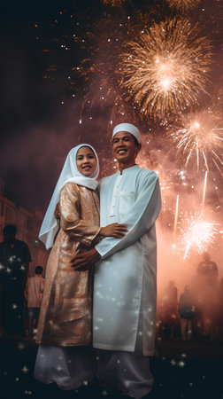 muslim couple in traditional clothes celebrating eid mubarak with fireworksの素材