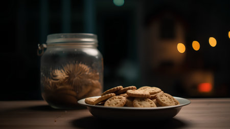 Cookies in a glass jar on a wooden table in the darkの素材