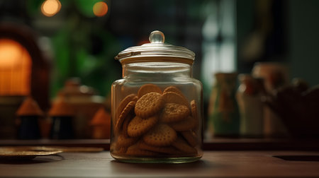 Glass jar with cookies on a wooden table. Selective focus.の素材