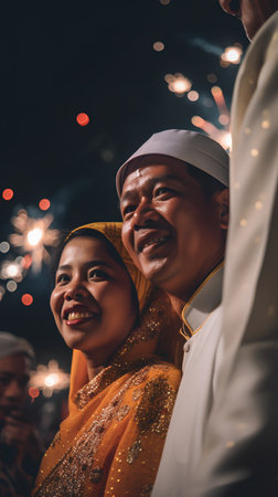Portrait of happy asian muslim couple in traditional clothes during celebration of Diwaliの素材