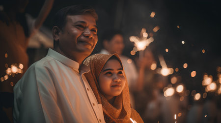 Asian muslim man and woman in traditional clothes holding sparklers in the night.の素材