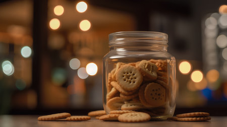 Cookies in a glass jar with bokeh lights on backgroundの素材