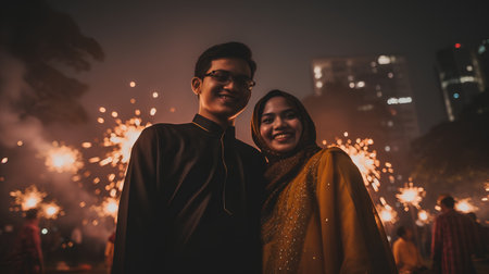 Portrait of asian muslim couple in traditional clothes at nightの素材