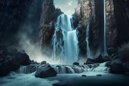 Beautiful waterfall in the mountains. Fantasy landscape. 3d renderingの素材