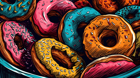 Vector illustration of colorful glazed donuts. Hand drawn doodle background.の素材