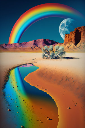 Desert landscape with a rainbow and cactuses. 3d renderingの素材