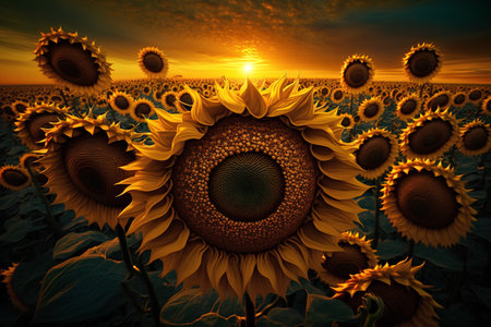 Sunflower field at sunset. 3d render illustration of sunflowerの素材