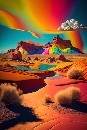 Colorful desert landscape. 3D render. Elements of this image furnished by NASAの素材