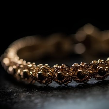 Close up of a gold bracelet on a dark background. Selective focus.の素材