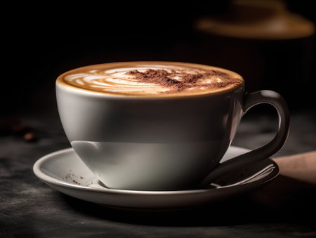 Coffee cup with milk foam on dark background, selective focusの素材