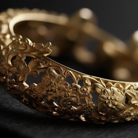 Close up of golden bracelets on black background. Shallow DOF.の素材
