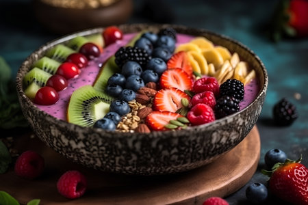 Healthy breakfast bowl with oatmeal, berries and fruits, selective focusの素材