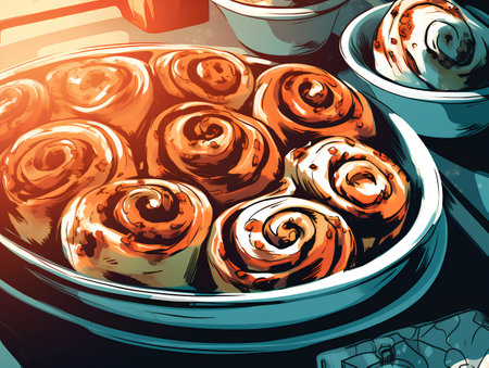 Cinnamon rolls in a bowl. Sweet dessert. Vector illustration.の素材