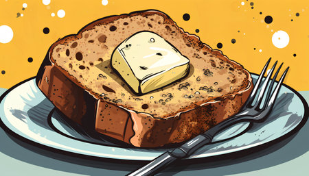 Illustration of a piece of cheese on a slice of bread.の素材