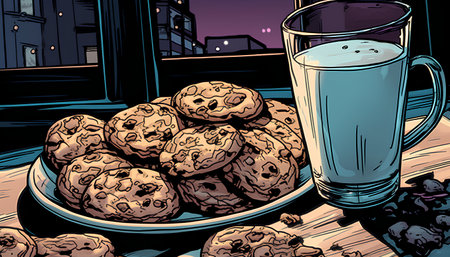 Chocolate chip cookies and a glass of milk. Vector illustration.の素材