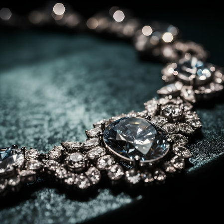 Necklace with diamonds on a black background close-up.の素材