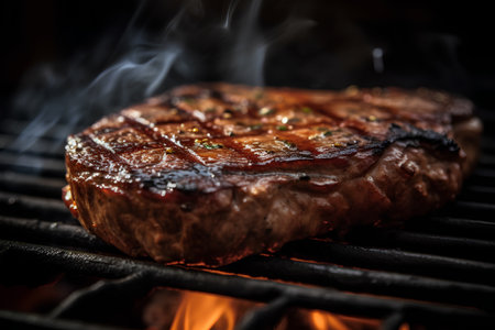 Closeup of a grilled beef steak on a barbecue grill with flamesの素材