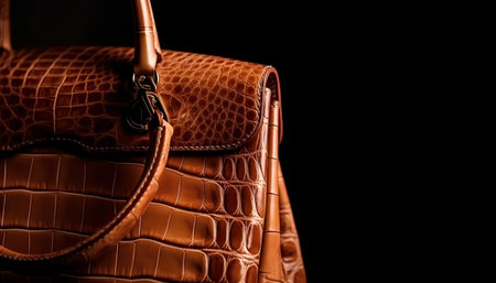 Close up of a brown leather handbag on a black background.の素材