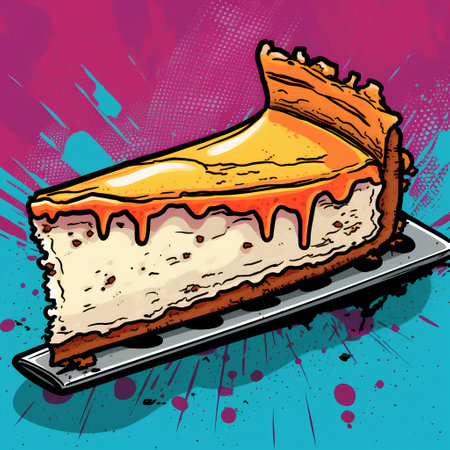 Vector illustration of a slice of cheesecake on a white plate.の素材