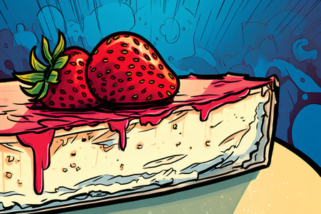 Vector illustration of a slice of cheesecake with strawberries on top.の素材