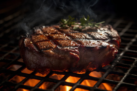 Closeup of grilled beef steak on a barbecue grill with flames and smokeの素材