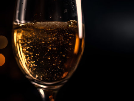 Champagne in a glass on a black background with bokehの素材