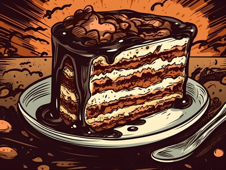 Illustration of a piece of cake on a plate with coffee beansの素材