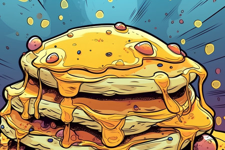 Illustration of a big stack of pancakes with honey dripping from themの素材