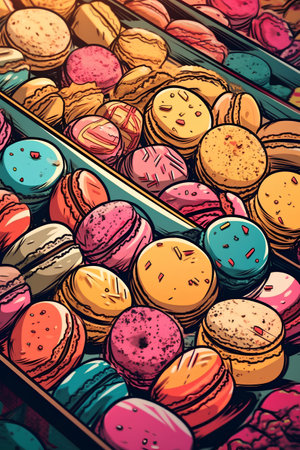 Colorful macaroons in a box. Vintage style. Vector illustration.の素材