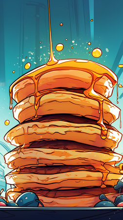 Honey dripping from the top of a stack of pancakes. Vector illustration.の素材