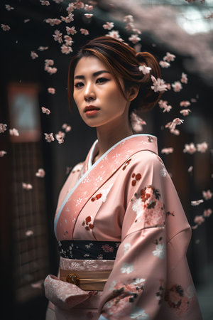 Beautiful asian woman in kimono with cherry blossomの素材