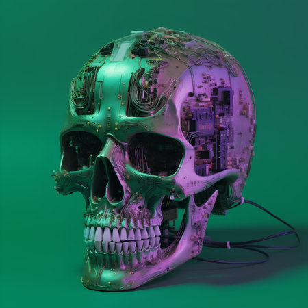 Human skull with electronic circuit on green background. 3D illustration.の素材