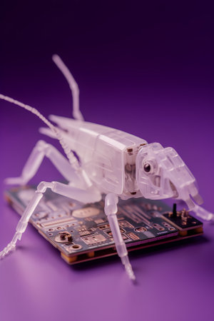 A closeup shot of a toy grasshopper on a motherboardの素材
