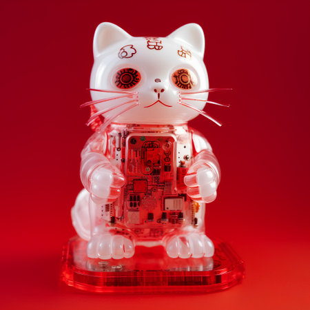 Plastic figurine of a cat with a printed circuit board on a red background.の素材