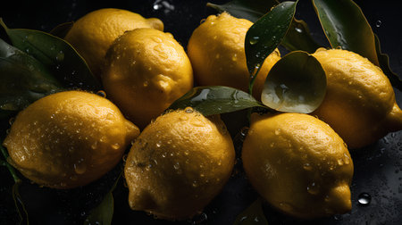 Fresh lemons with water drops on black background. Close up.の素材