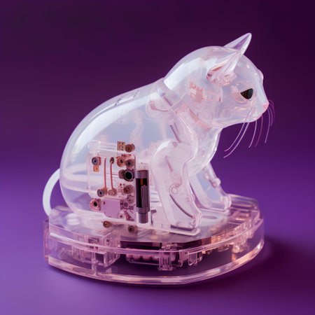 Plastic cat figurine on a purple background. 3d renderingの素材