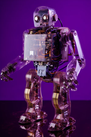 A closeup shot of a robot on a purple background with copy spaceの素材