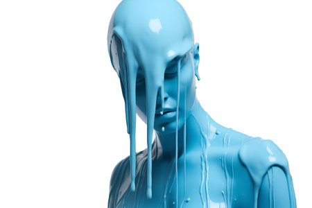 3d rendering of a female figure with blue paint flowing down her faceの素材